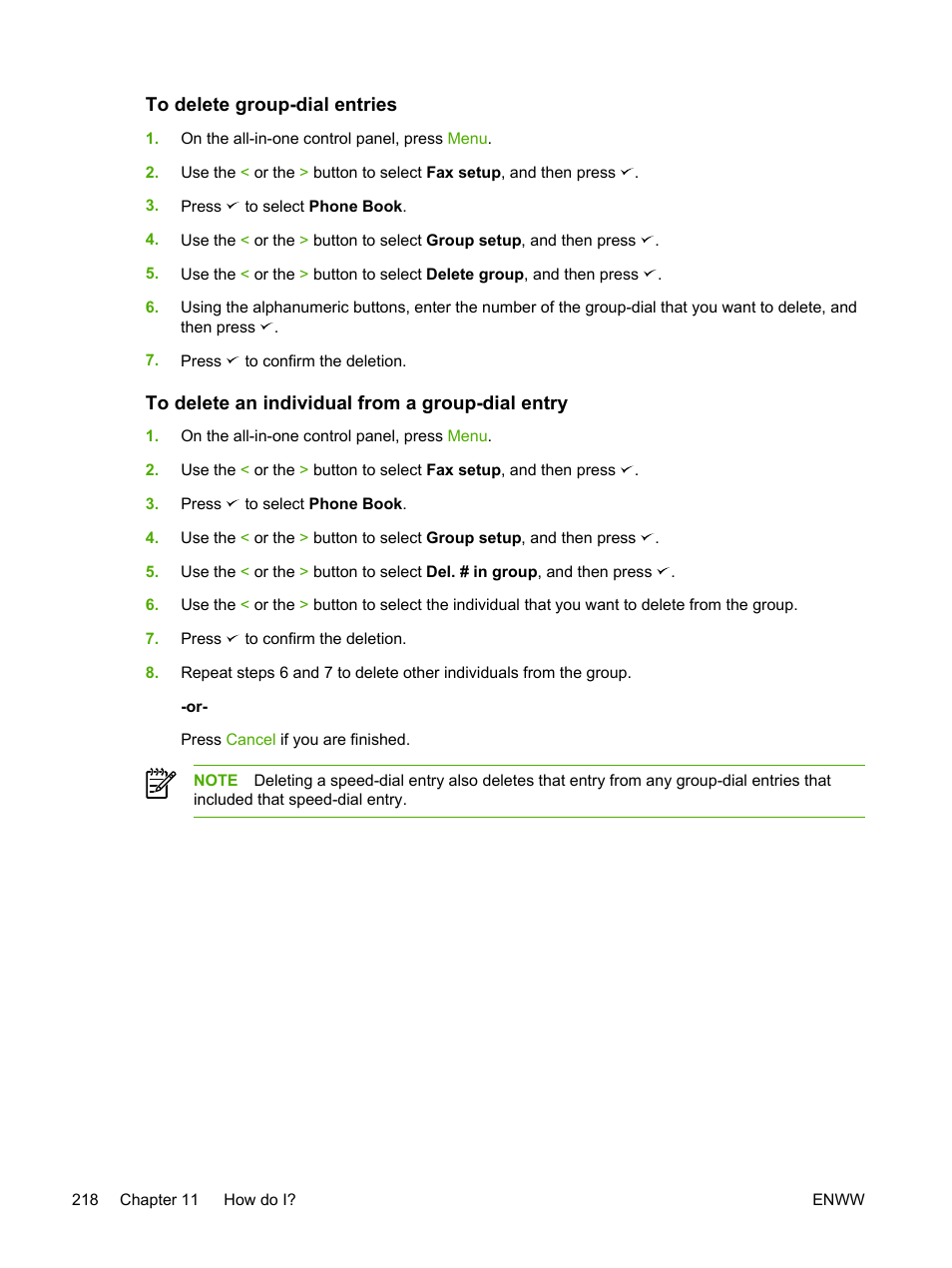 To delete group-dial entries, To delete an individual from a group-dial entry | HP LaserJet 3055 User Manual | Page 236 / 430