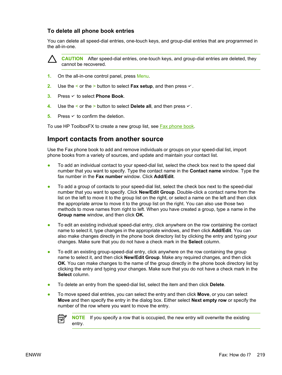 To delete all phone book entries, Import contacts from another source | HP LaserJet 3055 User Manual | Page 237 / 430