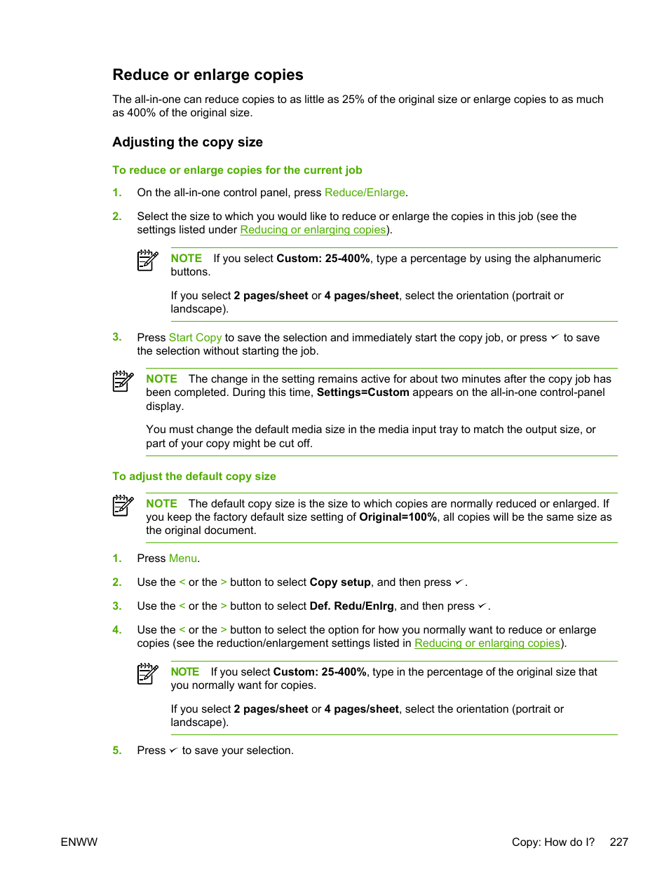 Reduce or enlarge copies, Adjusting the copy size | HP LaserJet 3055 User Manual | Page 245 / 430