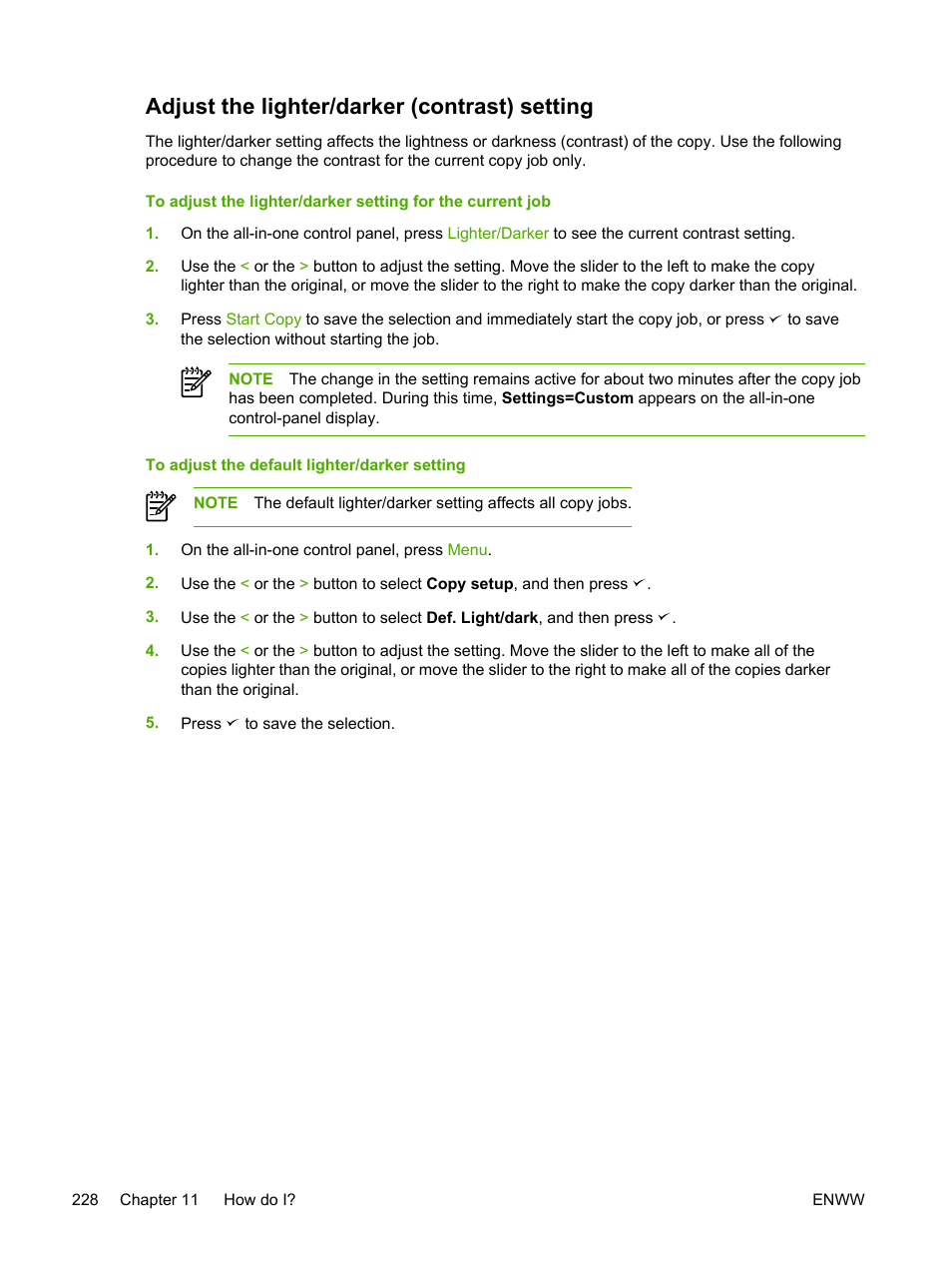 Adjust the lighter/darker (contrast) setting | HP LaserJet 3055 User Manual | Page 246 / 430