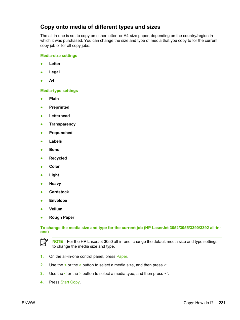 Copy onto media of different types and sizes | HP LaserJet 3055 User Manual | Page 249 / 430