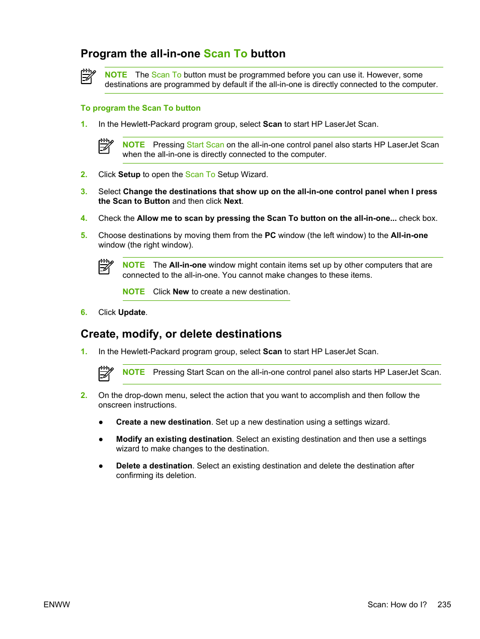 Program the all-in-one scan to button, Create, modify, or delete destinations | HP LaserJet 3055 User Manual | Page 253 / 430