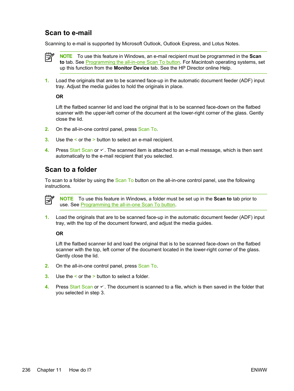 Scan to e-mail, Scan to a folder, Scan to e-mail scan to a folder | HP LaserJet 3055 User Manual | Page 254 / 430