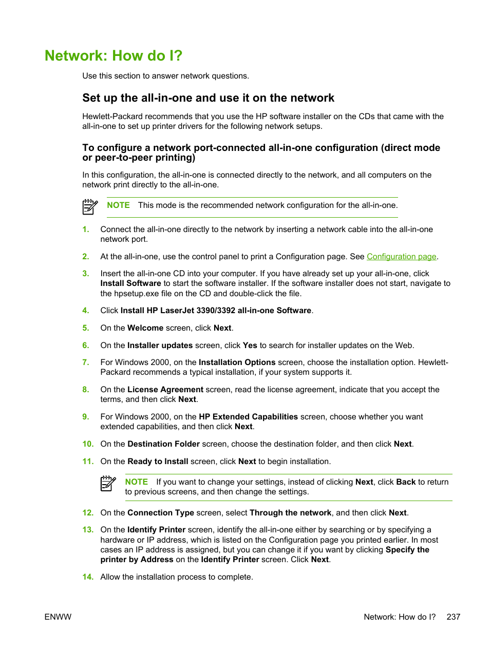 Network: how do i, Set up the all-in-one and use it on the network | HP LaserJet 3055 User Manual | Page 255 / 430