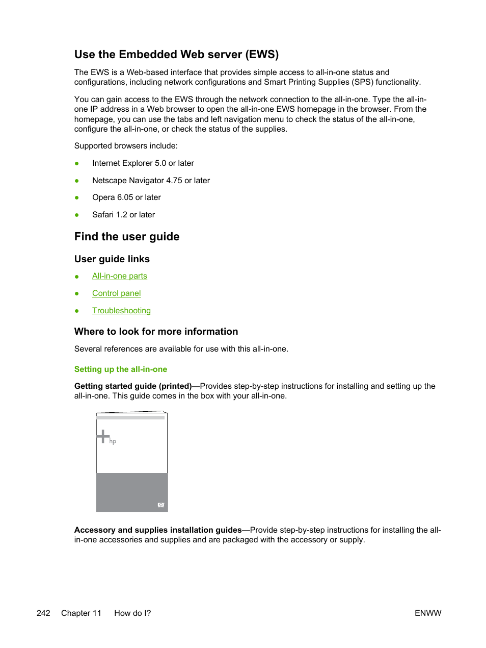 Use the embedded web server (ews), Find the user guide, User guide links | Where to look for more information, Setting up the all-in-one | HP LaserJet 3055 User Manual | Page 260 / 430