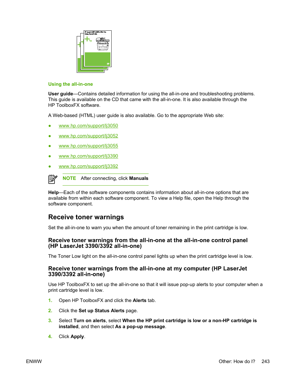 Using the all-in-one, Receive toner warnings | HP LaserJet 3055 User Manual | Page 261 / 430