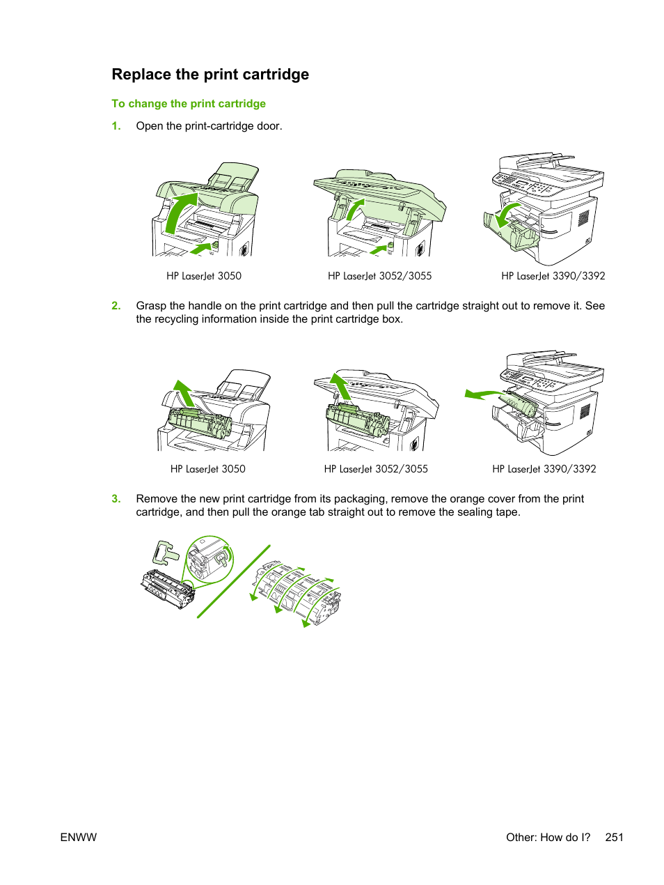 Replace the print cartridge | HP LaserJet 3055 User Manual | Page 269 / 430