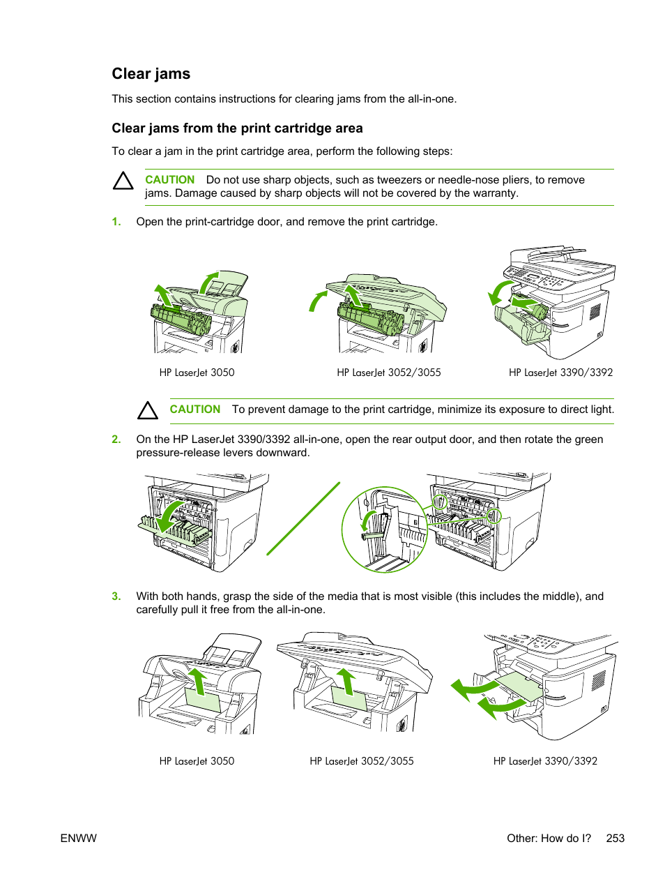 Clear jams, Clear jams from the print cartridge area | HP LaserJet 3055 User Manual | Page 271 / 430