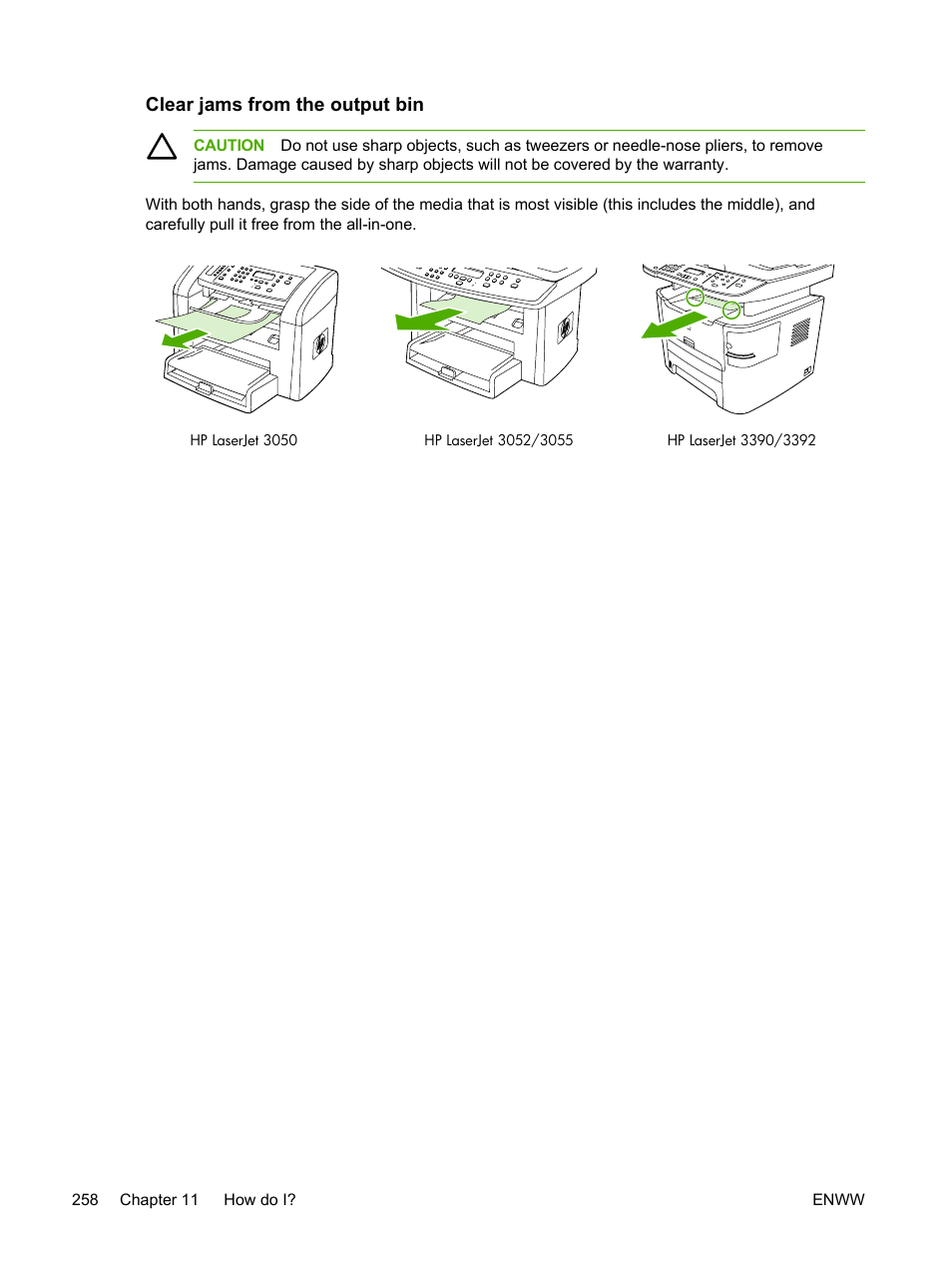 Clear jams from the output bin | HP LaserJet 3055 User Manual | Page 276 / 430