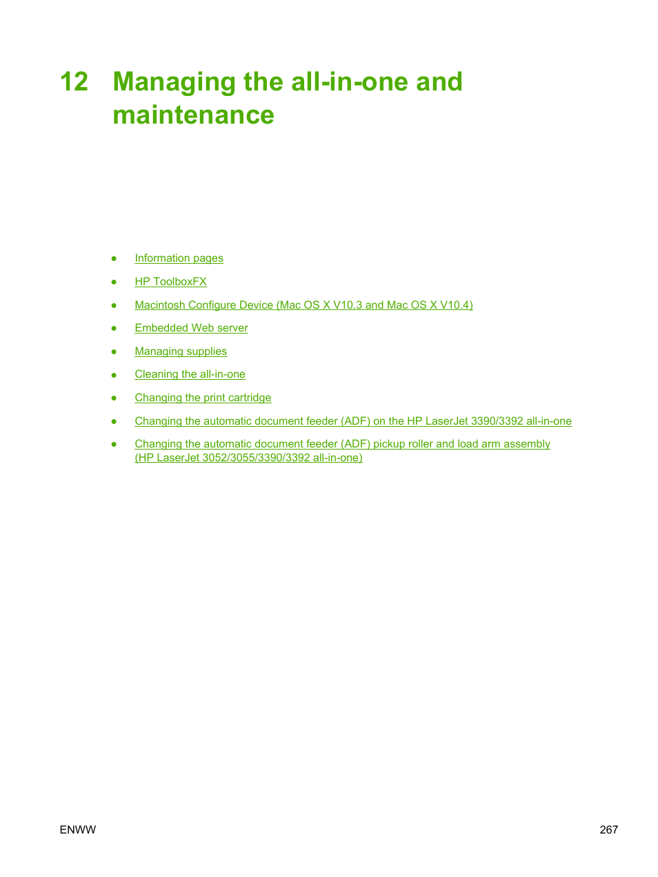 Managing the all-in-one and maintenance, 12 managing the all-in-one and maintenance | HP LaserJet 3055 User Manual | Page 285 / 430