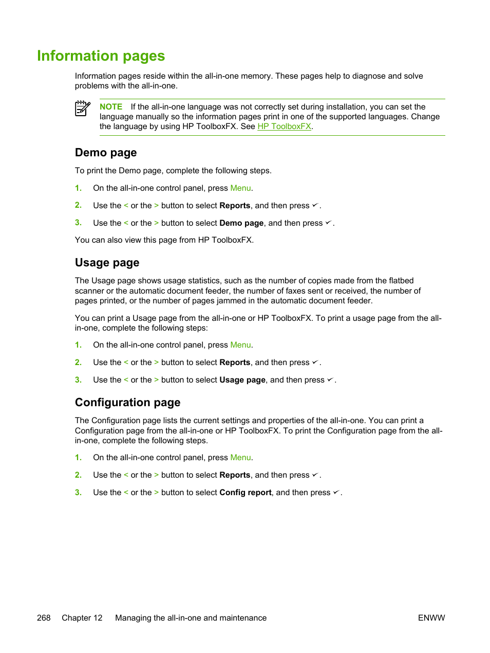 Information pages, Demo page, Usage page | Configuration page | HP LaserJet 3055 User Manual | Page 286 / 430