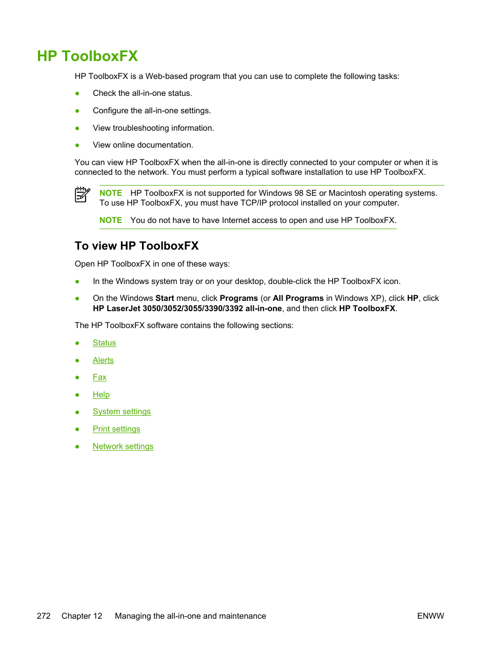 Hp toolboxfx, To view hp toolboxfx | HP LaserJet 3055 User Manual | Page 290 / 430