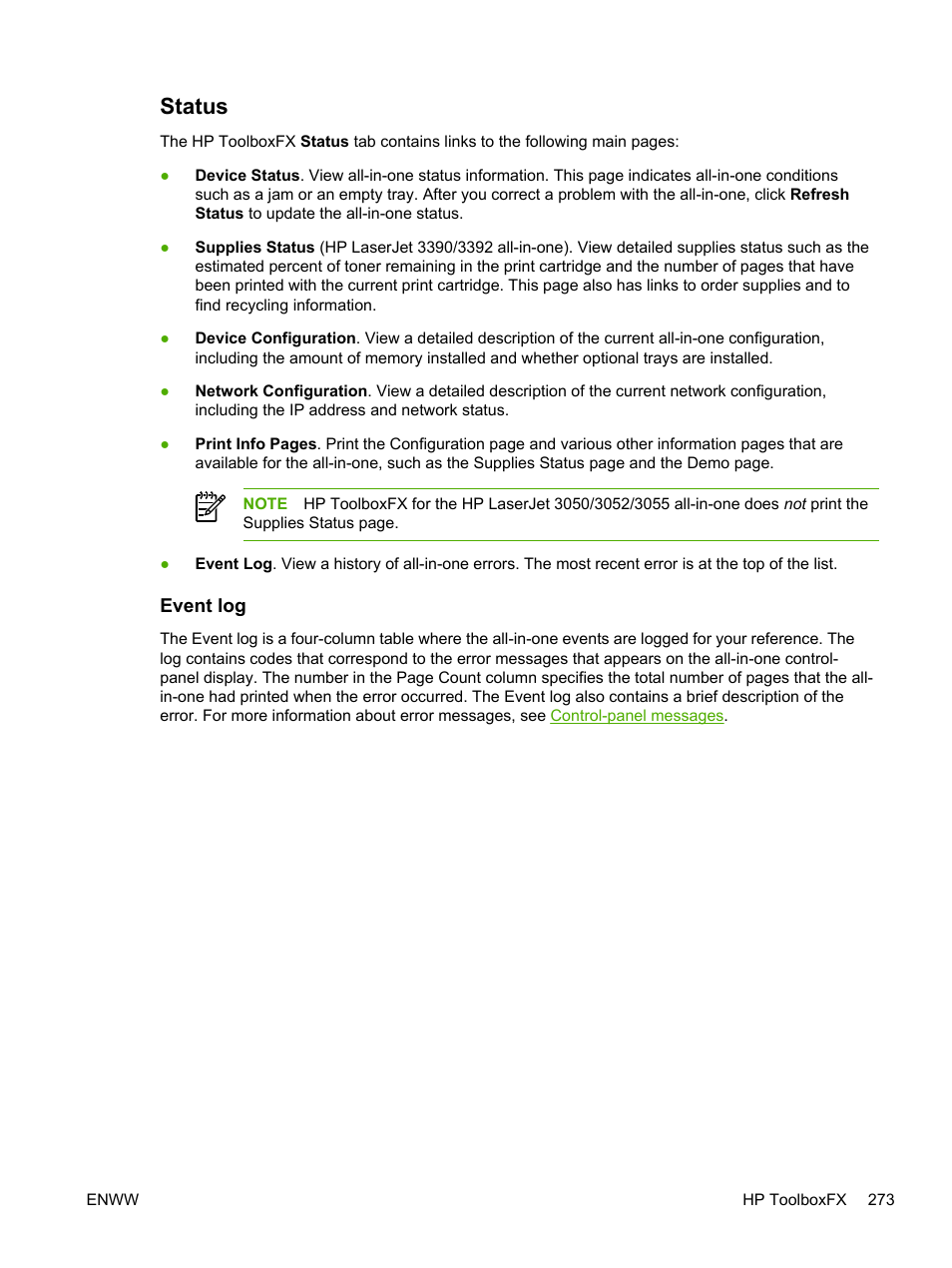 Status, Event log | HP LaserJet 3055 User Manual | Page 291 / 430