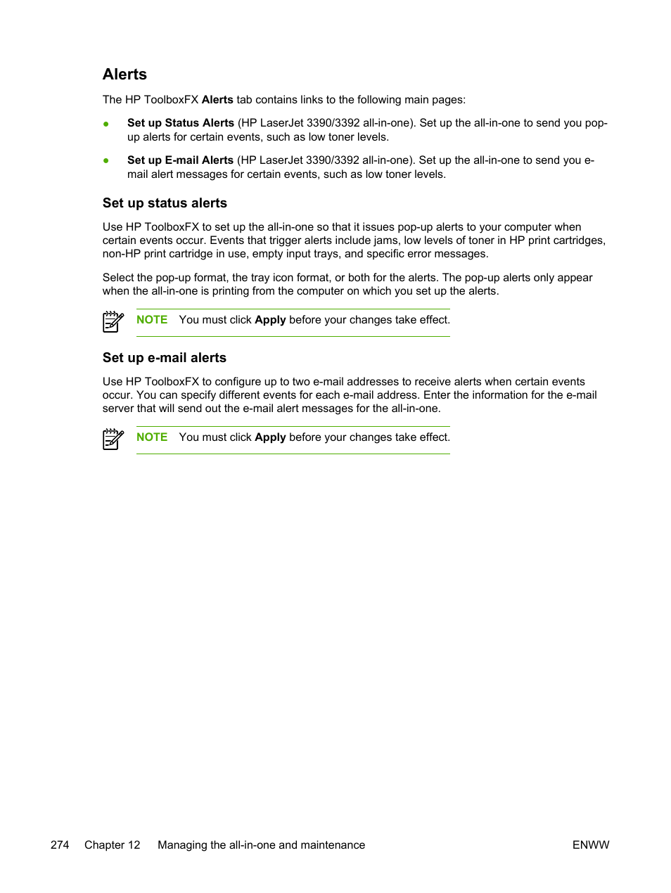 Alerts, Set up status alerts, Set up e-mail alerts | Set up status alerts set up e-mail alerts | HP LaserJet 3055 User Manual | Page 292 / 430