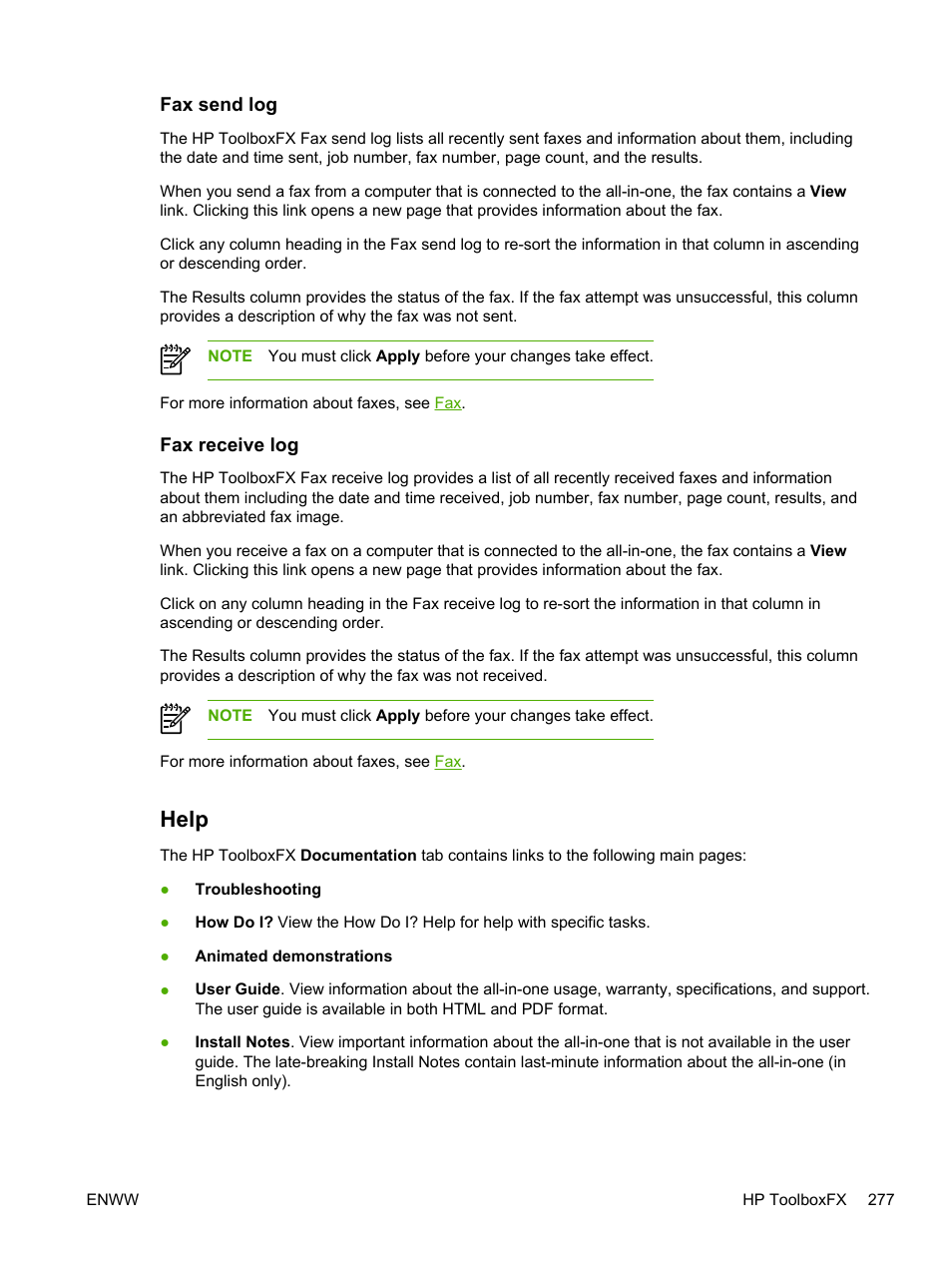 Fax send log, Fax receive log, Help | Fax send log fax receive log | HP LaserJet 3055 User Manual | Page 295 / 430