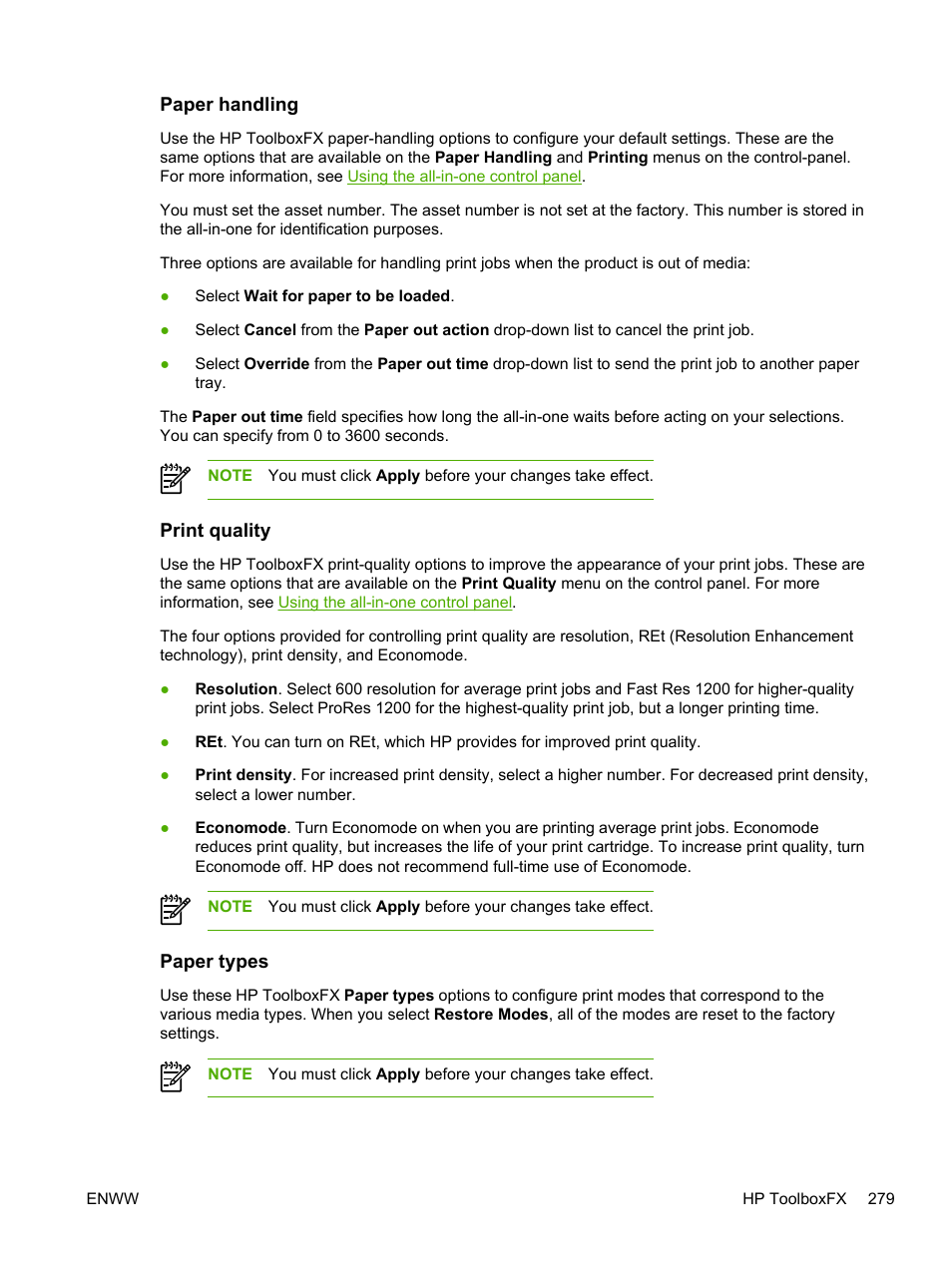 Paper handling, Print quality, Paper types | Paper handling print quality paper types | HP LaserJet 3055 User Manual | Page 297 / 430