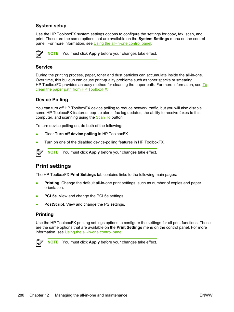 System setup, Service, Device polling | Print settings, Printing, System setup service device polling | HP LaserJet 3055 User Manual | Page 298 / 430