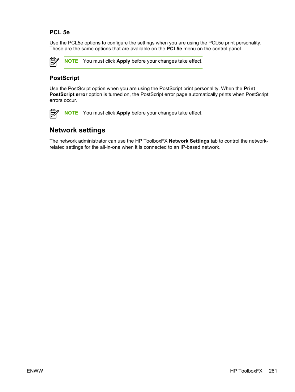 Pcl 5e, Postscript, Network settings | Pcl 5e postscript | HP LaserJet 3055 User Manual | Page 299 / 430