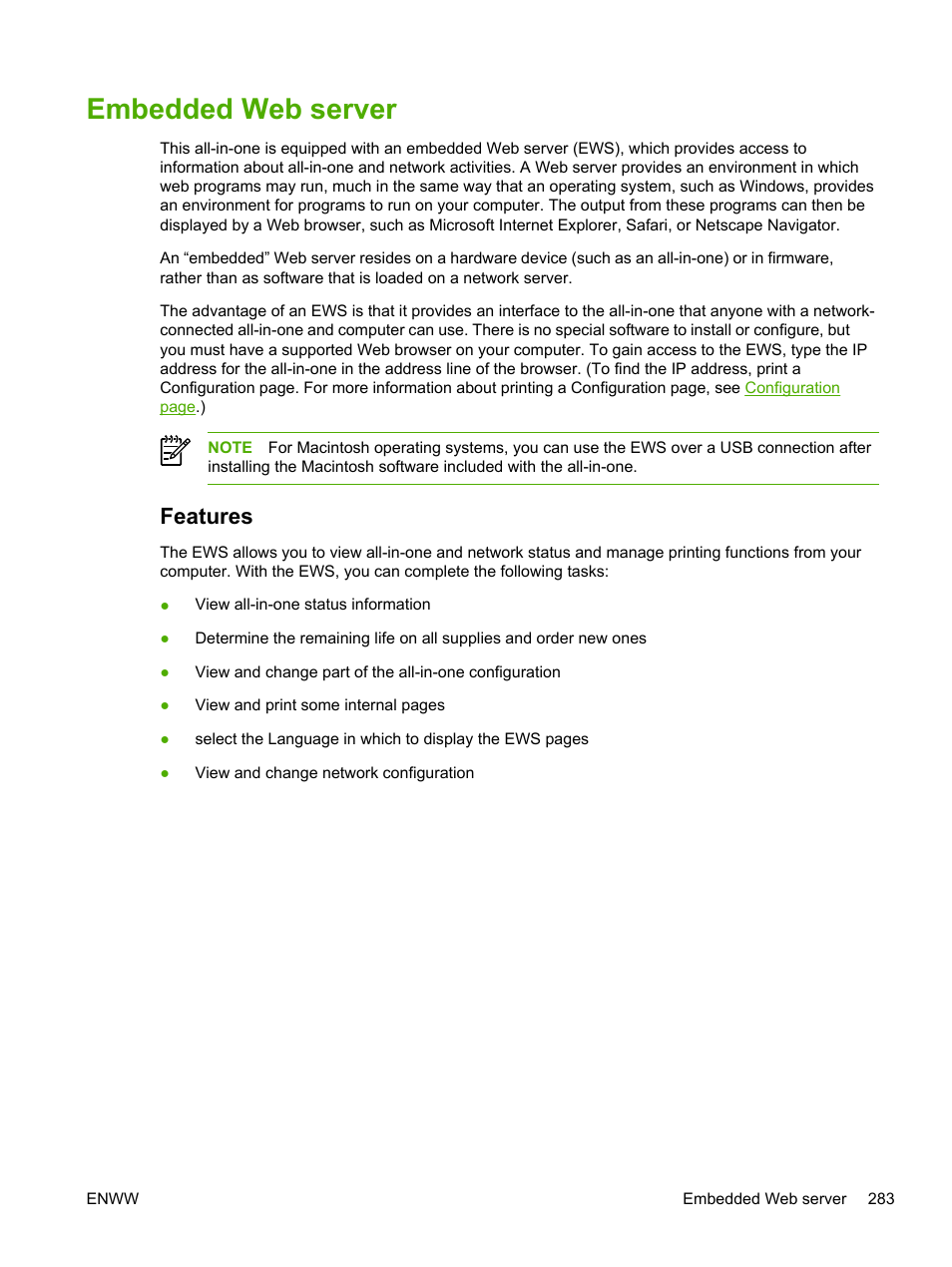 Embedded web server, Features | HP LaserJet 3055 User Manual | Page 301 / 430