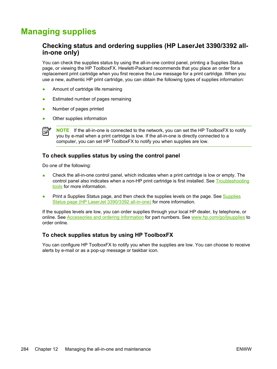 Managing supplies, To check supplies status by using hp toolboxfx | HP LaserJet 3055 User Manual | Page 302 / 430