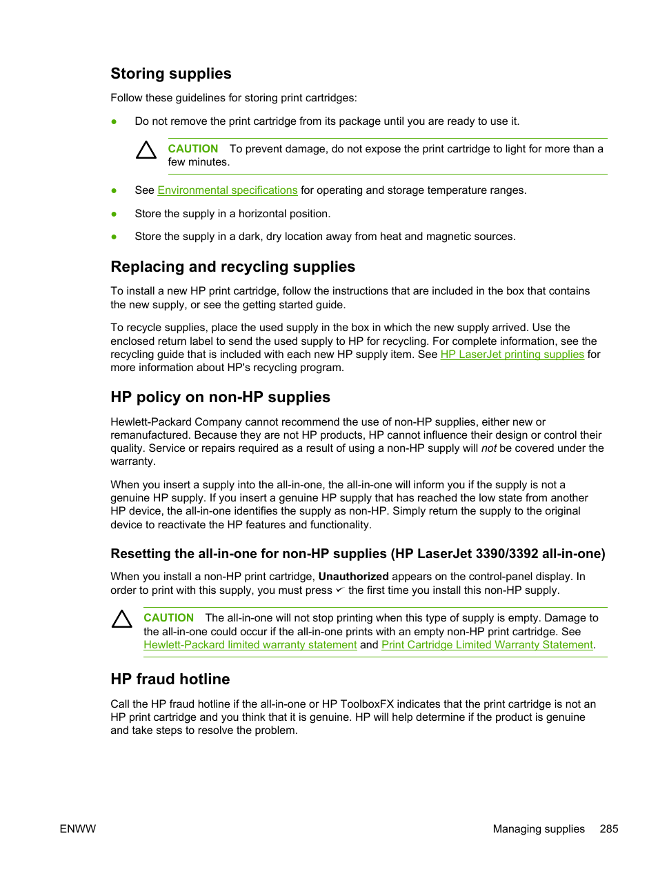 Storing supplies, Replacing and recycling supplies, Hp policy on non-hp supplies | Hp fraud hotline | HP LaserJet 3055 User Manual | Page 303 / 430