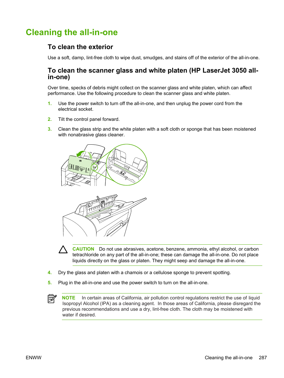 Cleaning the all-in-one, To clean the exterior | HP LaserJet 3055 User Manual | Page 305 / 430