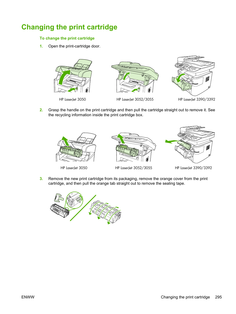 Changing the print cartridge | HP LaserJet 3055 User Manual | Page 313 / 430