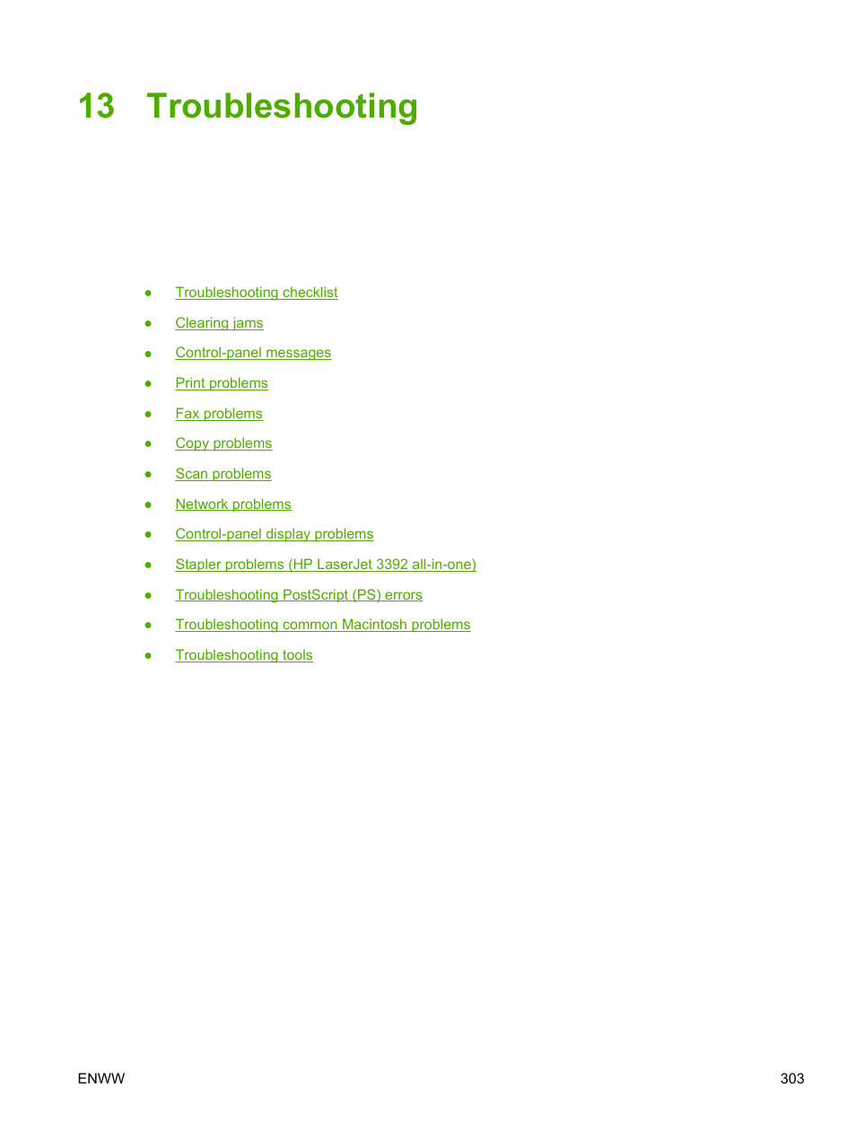 Troubleshooting, 13 troubleshooting | HP LaserJet 3055 User Manual | Page 321 / 430