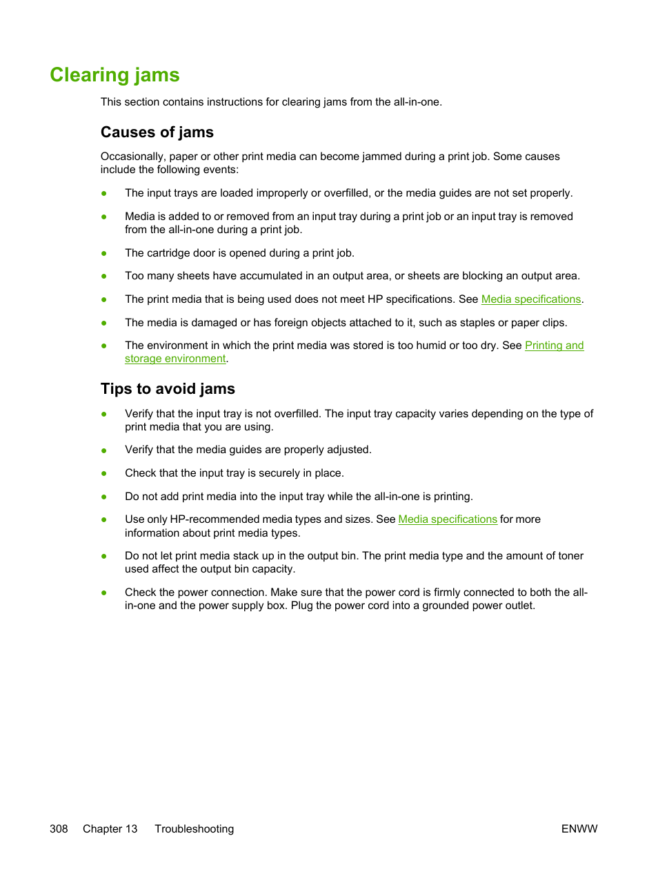 Clearing jams, Causes of jams, Tips to avoid jams | Causes of jams tips to avoid jams | HP LaserJet 3055 User Manual | Page 326 / 430