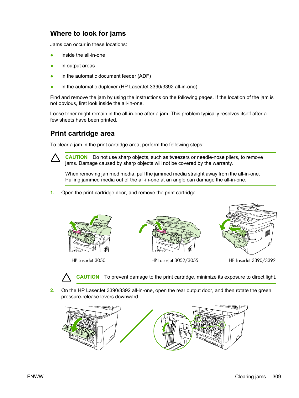 Where to look for jams, Print cartridge area, Where to look for jams print cartridge area | Print, Cartridge area | HP LaserJet 3055 User Manual | Page 327 / 430