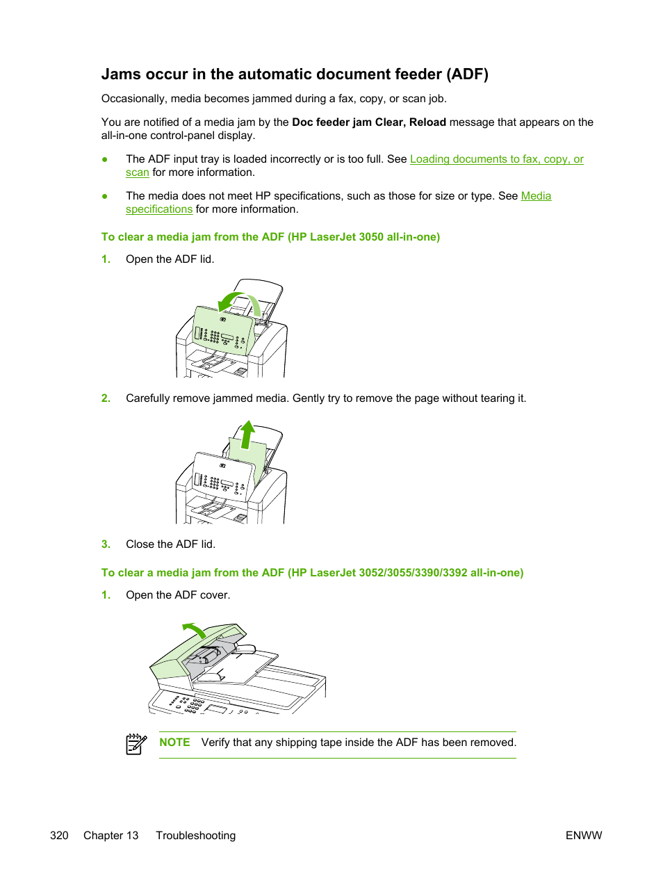 Jams occur in the automatic document feeder (adf) | HP LaserJet 3055 User Manual | Page 338 / 430