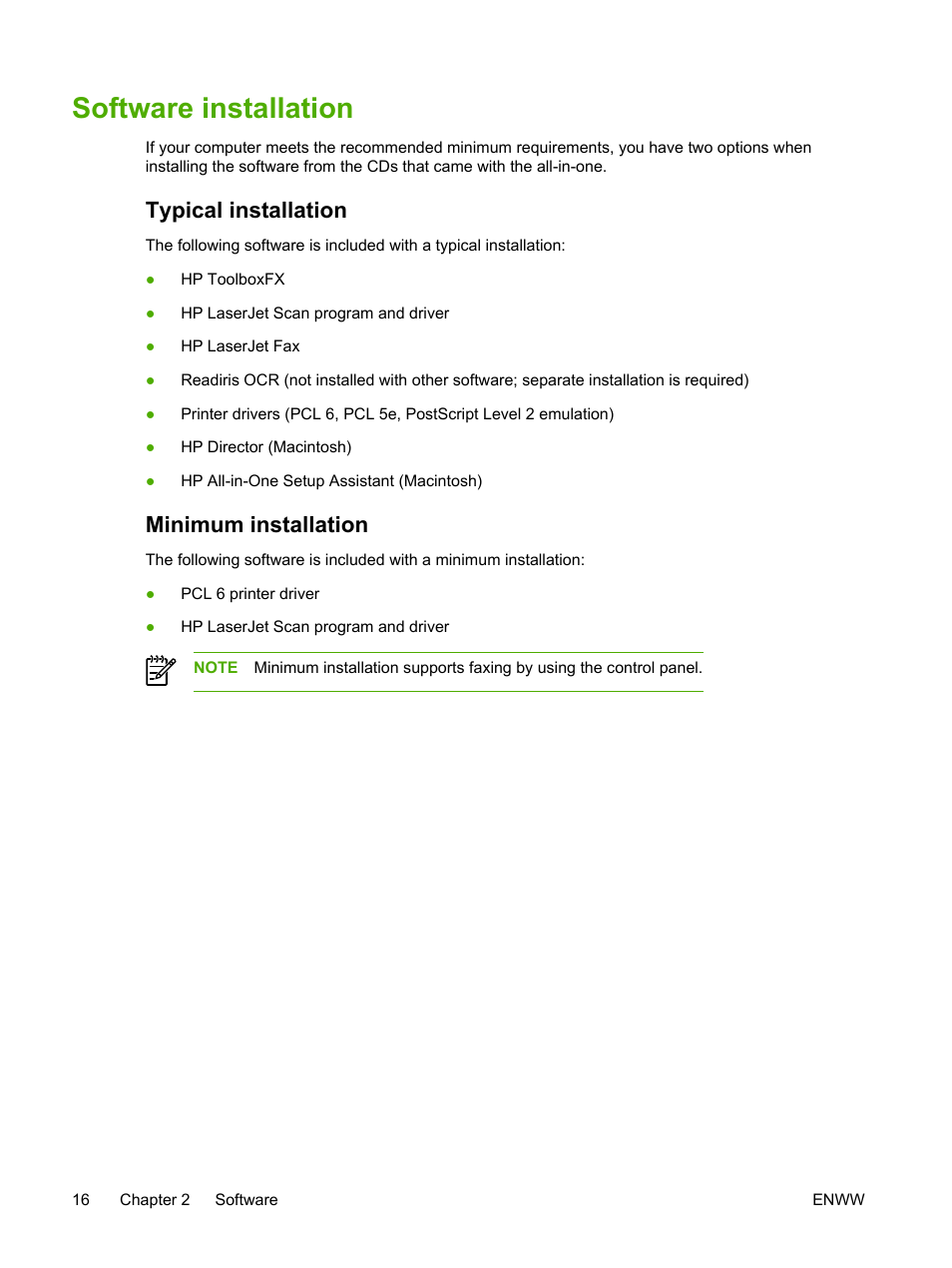 Software installation, Typical installation, Minimum installation | Typical installation minimum installation | HP LaserJet 3055 User Manual | Page 34 / 430