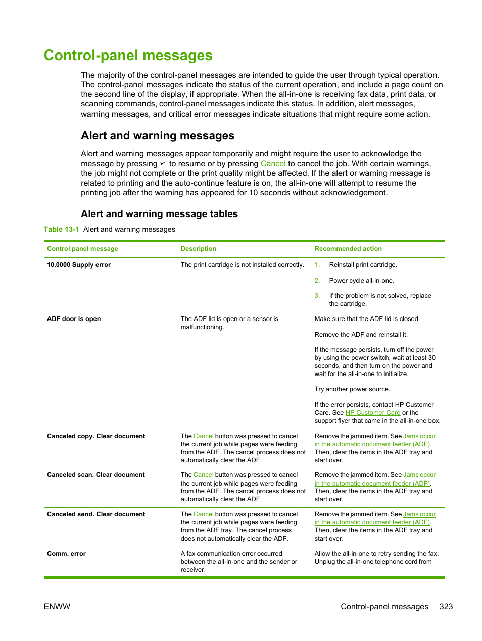 Control-panel messages, Alert and warning messages, Alert and warning message tables | HP LaserJet 3055 User Manual | Page 341 / 430