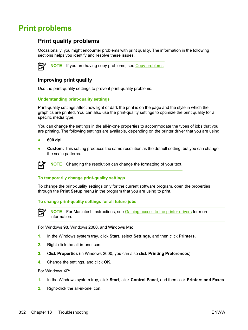 Print problems, Print quality problems, Improving print quality | Understanding print-quality settings, To temporarily change print-quality settings | HP LaserJet 3055 User Manual | Page 350 / 430