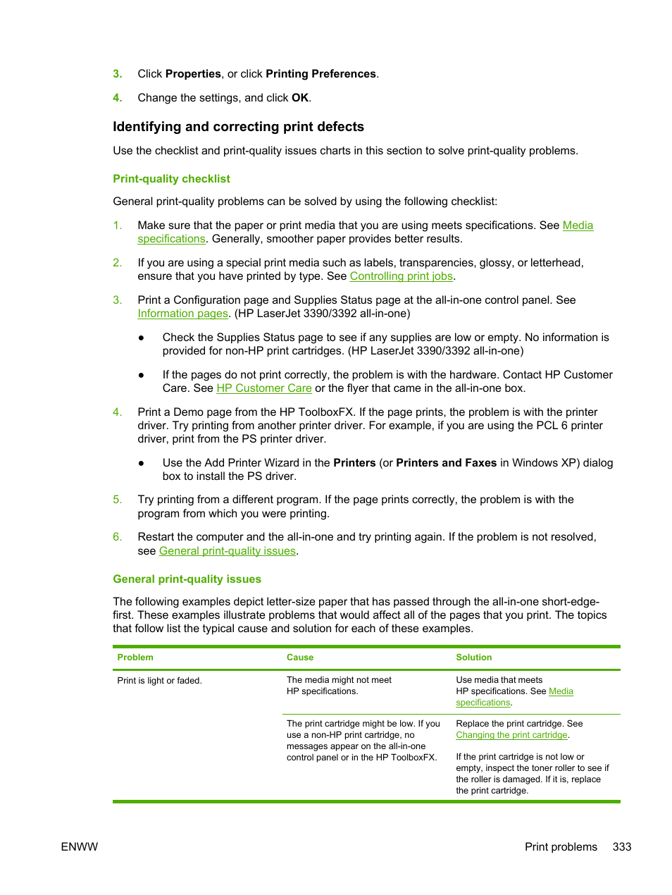 Identifying and correcting print defects, Print-quality checklist, General print-quality issues | HP LaserJet 3055 User Manual | Page 351 / 430