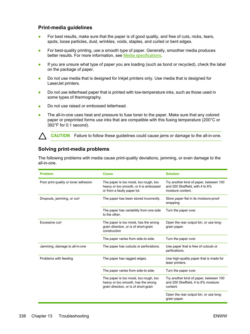 Print-media guidelines, Solving print-media problems | HP LaserJet 3055 User Manual | Page 356 / 430