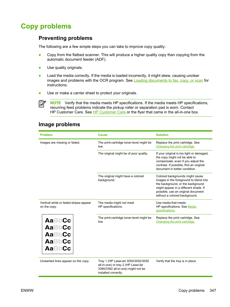 Copy problems, Preventing problems, Image problems | Preventing problems image problems, The problem persists, see, Copy, Problems | HP LaserJet 3055 User Manual | Page 365 / 430