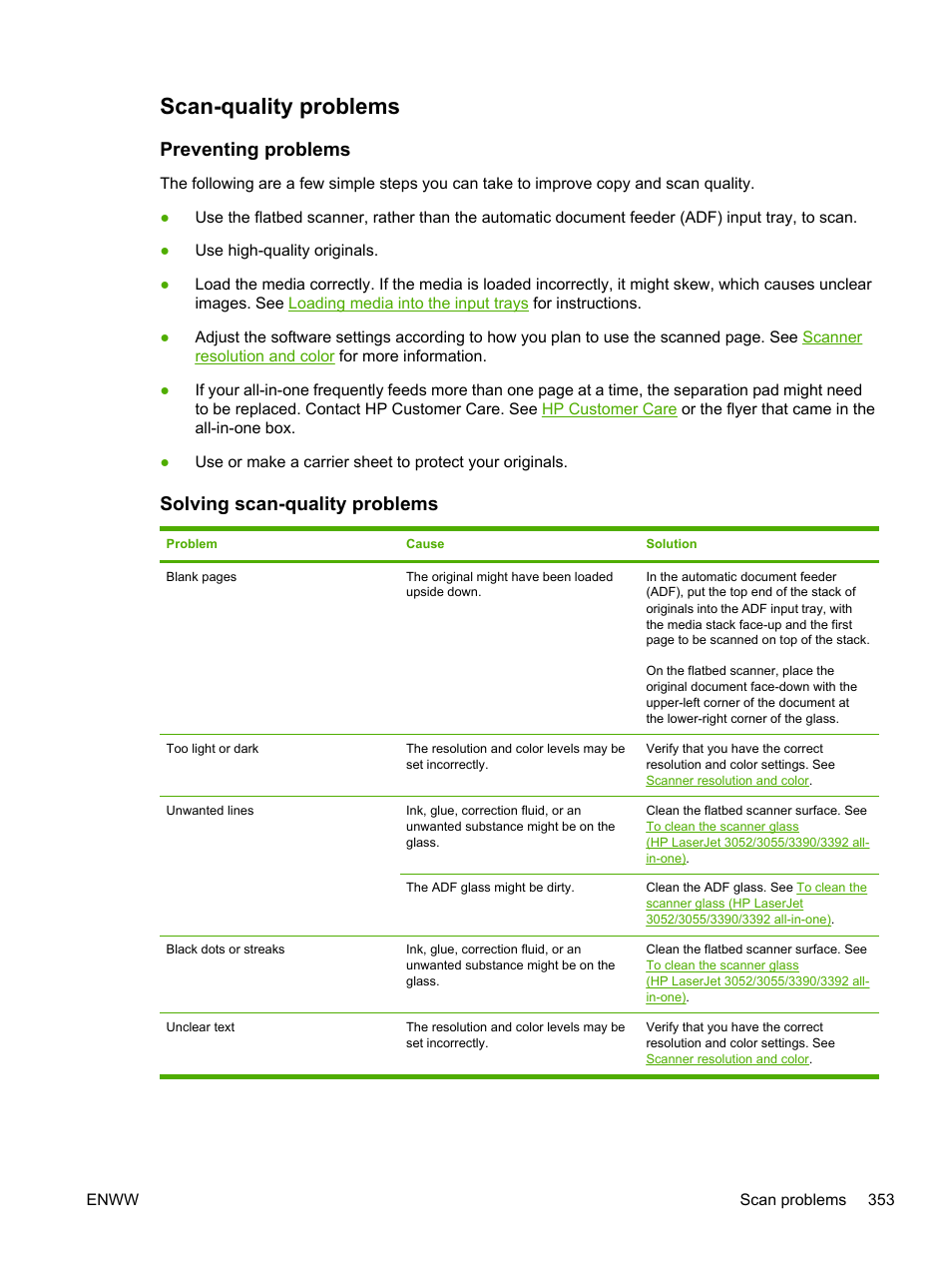 Scan-quality problems, Preventing problems, Solving scan-quality problems | Preventing problems solving scan-quality problems | HP LaserJet 3055 User Manual | Page 371 / 430