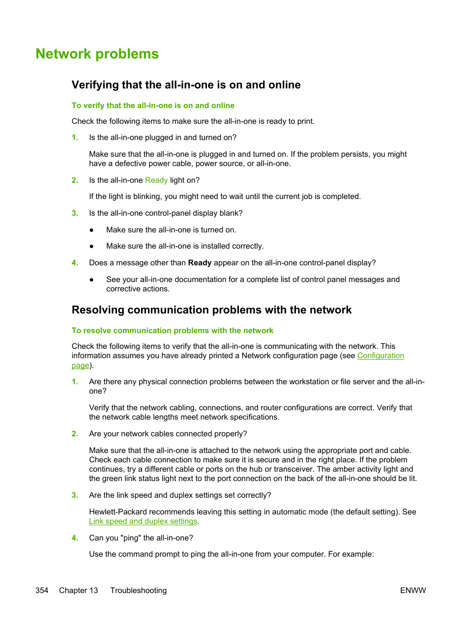 Network problems, Verifying that the all-in-one is on and online, Resolving communication problems with the network | HP LaserJet 3055 User Manual | Page 372 / 430