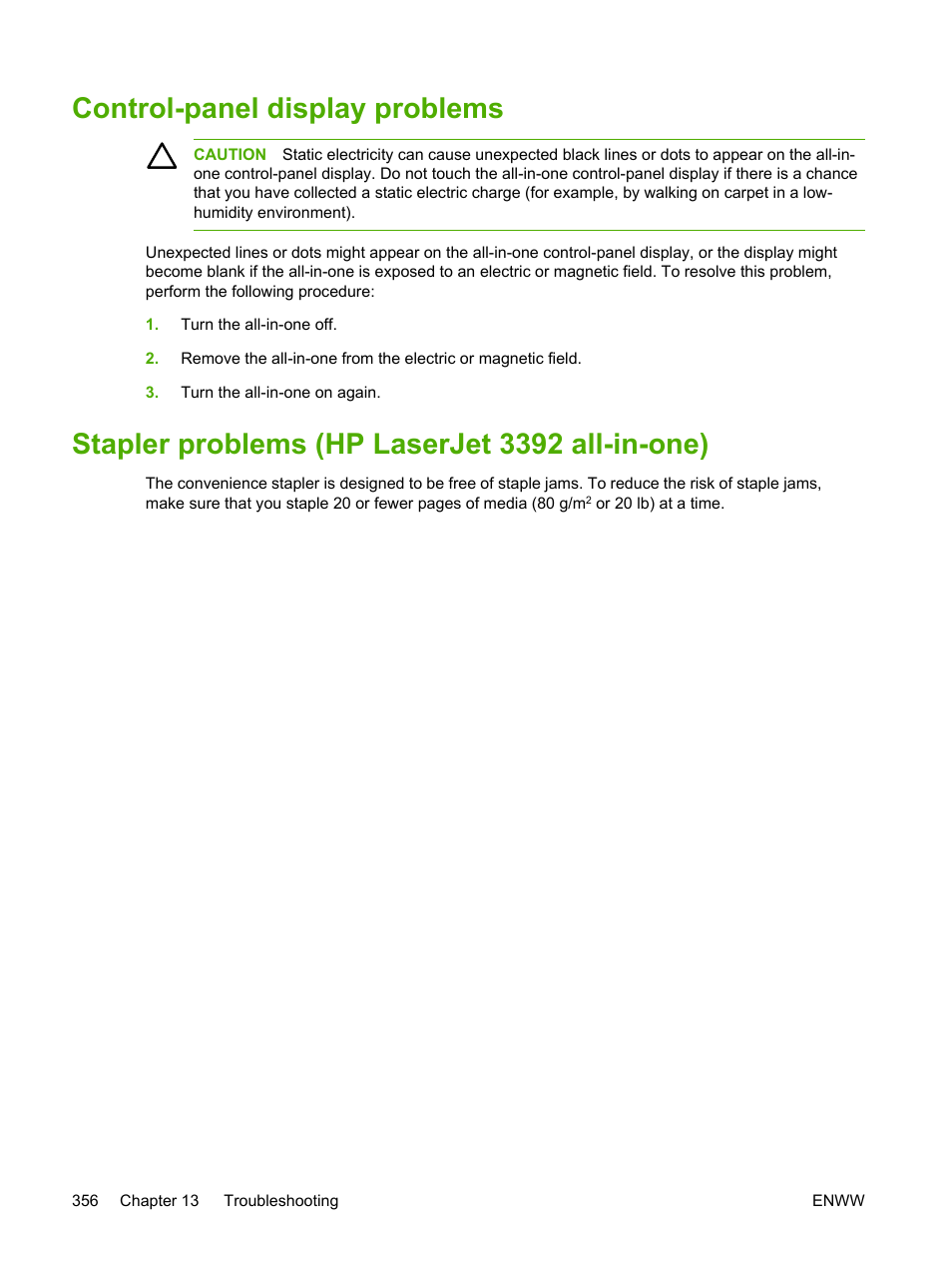 Control-panel display problems, Stapler problems (hp laserjet 3392 all-in-one) | HP LaserJet 3055 User Manual | Page 374 / 430