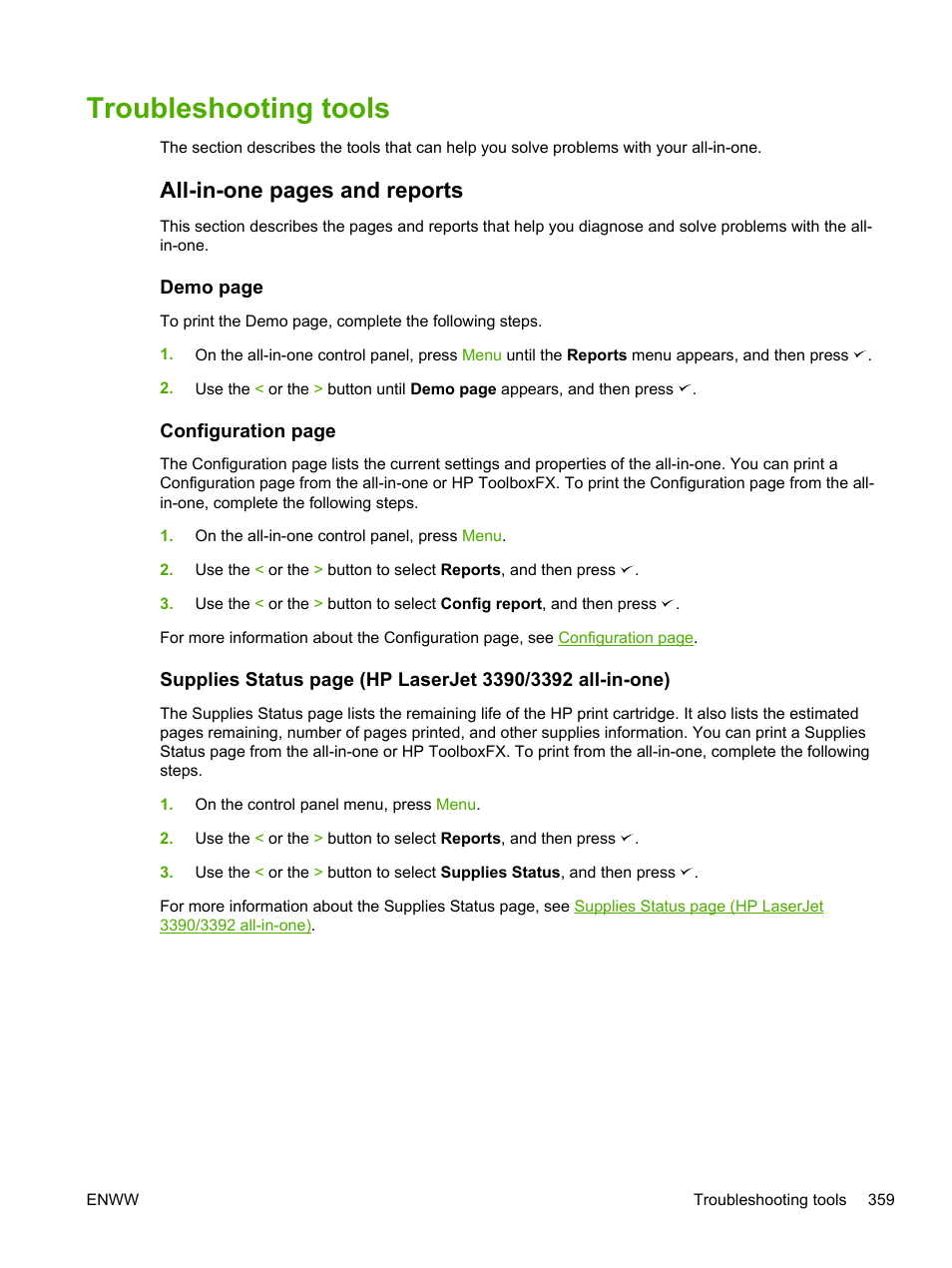 Troubleshooting tools, Troubleshooting, Tools | All-in-one pages and reports | HP LaserJet 3055 User Manual | Page 377 / 430