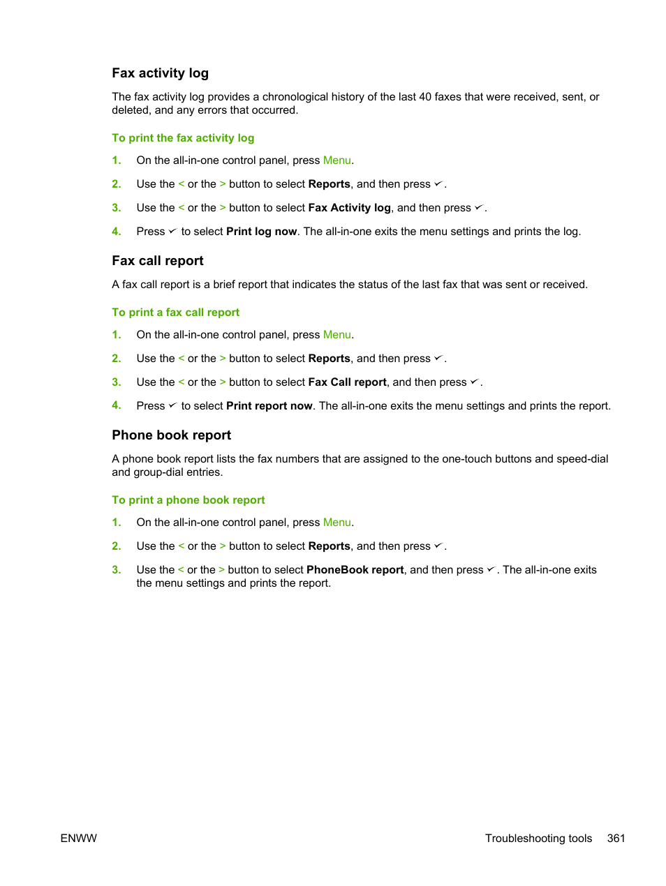 Fax activity log, Fax call report, Phone book report | Fax activity log fax call report phone book report | HP LaserJet 3055 User Manual | Page 379 / 430