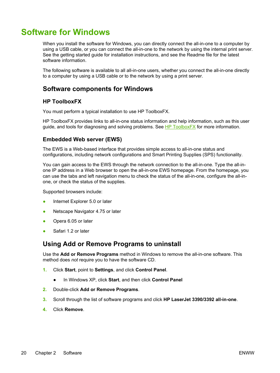 Software for windows, Software components for windows, Hp toolboxfx | Embedded web server (ews), Using add or remove programs to uninstall, Hp toolboxfx embedded web server (ews) | HP LaserJet 3055 User Manual | Page 38 / 430