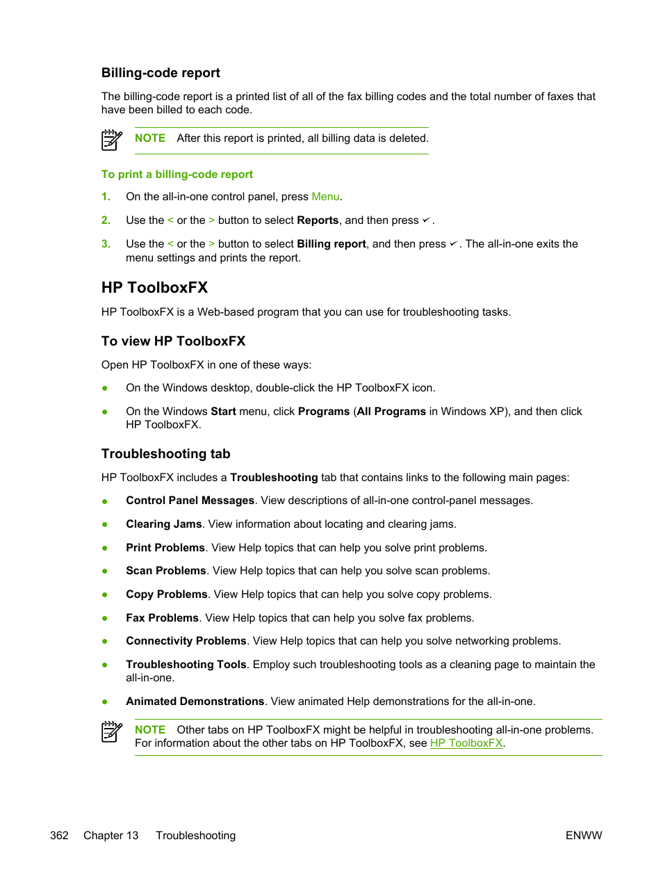 Billing-code report, Hp toolboxfx, To view hp toolboxfx | Troubleshooting tab, To view hp toolboxfx troubleshooting tab | HP LaserJet 3055 User Manual | Page 380 / 430