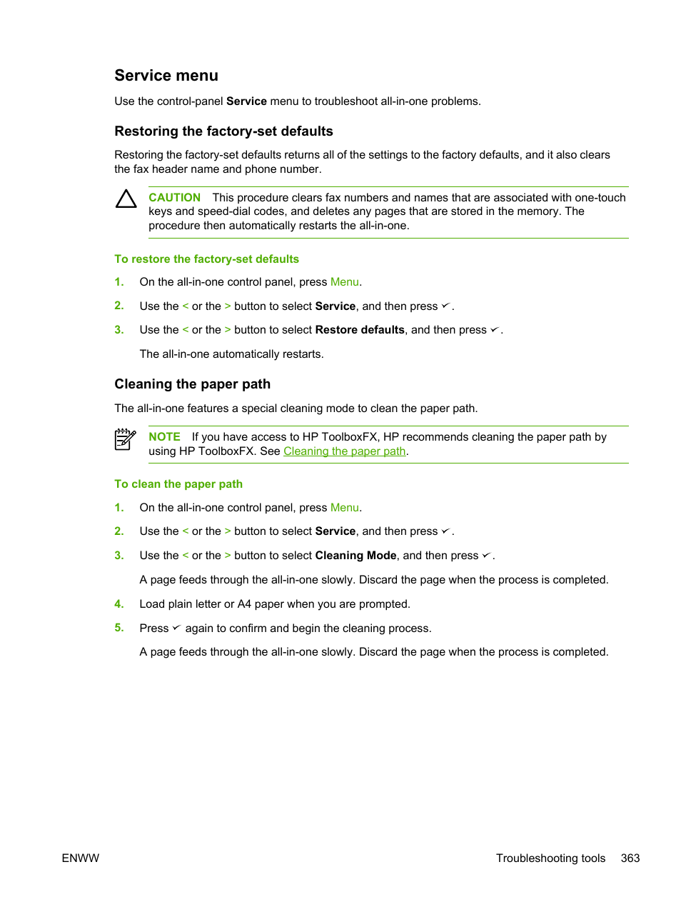 Service menu, Restoring the factory-set defaults, Cleaning the paper path | HP LaserJet 3055 User Manual | Page 381 / 430