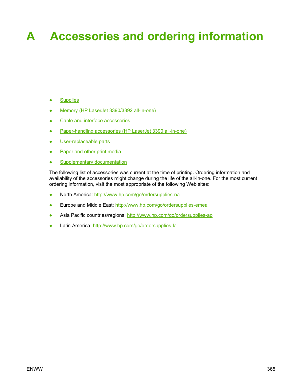 Accessories and ordering information, Appendix a accessories and ordering information, Aaccessories and ordering information | HP LaserJet 3055 User Manual | Page 383 / 430