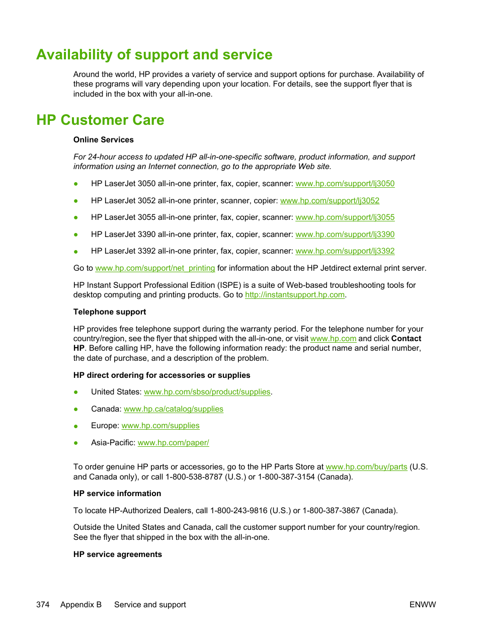 Availability of support and service, Hp customer care, Hp customer care. see | Hp customer, Care, Persists, contact hp customer care. see, Or the support, Or the support flyer that | HP LaserJet 3055 User Manual | Page 392 / 430