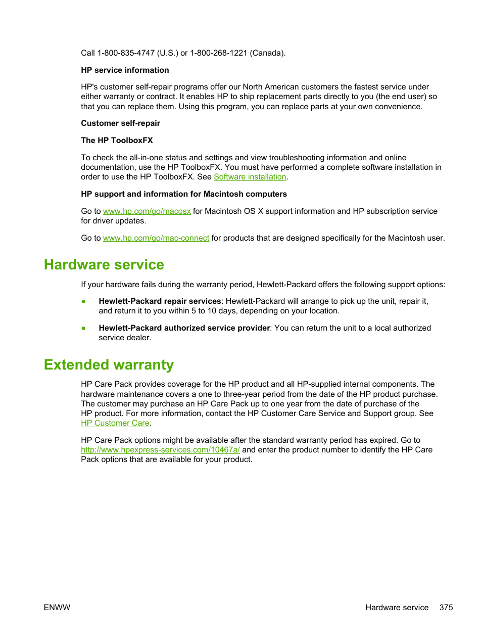 Hardware service, Extended warranty, Hardware service extended warranty | HP LaserJet 3055 User Manual | Page 393 / 430