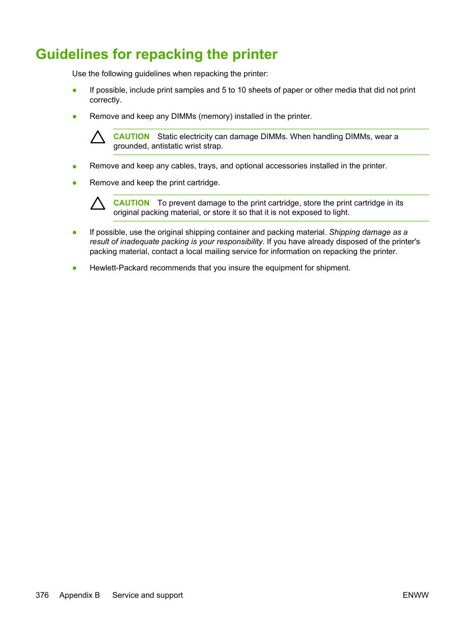 Guidelines for repacking the printer | HP LaserJet 3055 User Manual | Page 394 / 430