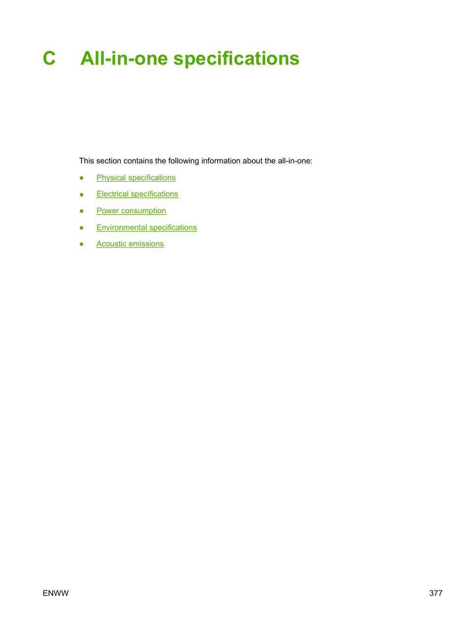 All-in-one specifications, Appendix c all-in-one specifications, Call-in-one specifications | HP LaserJet 3055 User Manual | Page 395 / 430